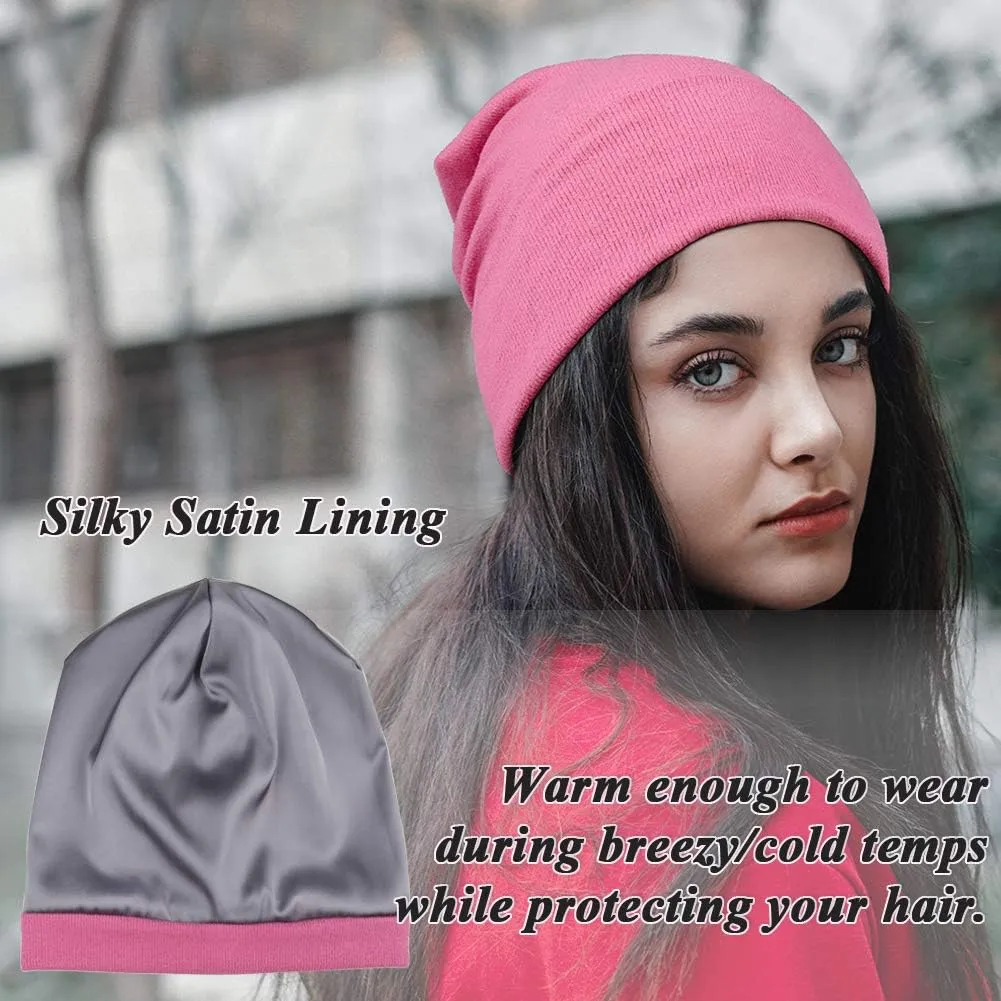 Satin Lined Skull Cap Slouchy Beanie Warm Knit Hat for Locs, Curls