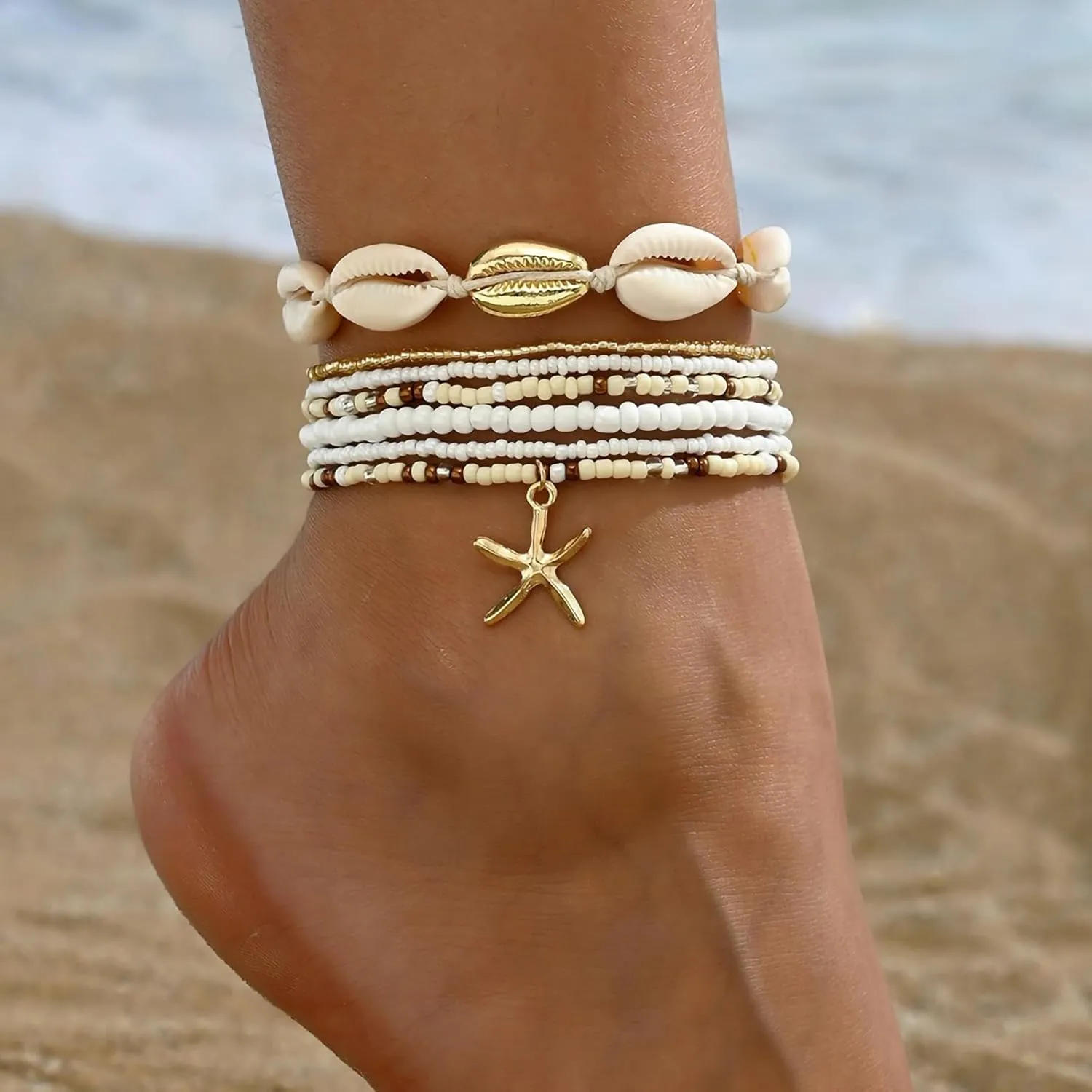 Shell Ankle Bracelet Set for Women, Gold Boho Bead Adjustable Anklet, Hawaiian Beach Seashell Pearl Heart Starfish Conch Foot Jewelry Gifts