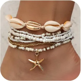 Shell Ankle Bracelet Set for Women, Gold Boho Bead Adjustable Anklet, Hawaiian Beach Seashell Pearl Heart Starfish Conch Foot Jewelry Gifts