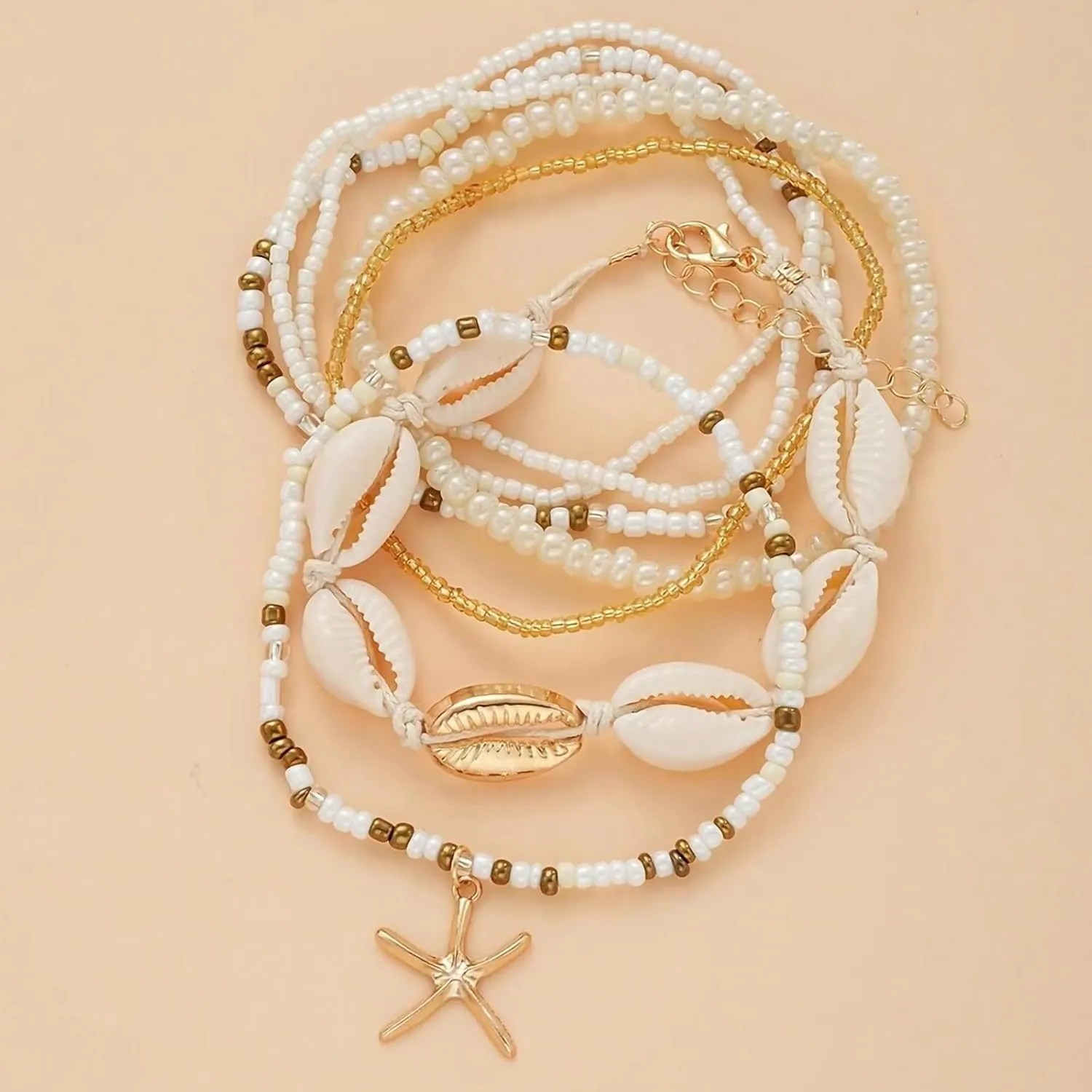 Shell Ankle Bracelet Set for Women, Gold Boho Bead Adjustable Anklet, Hawaiian Beach Seashell Pearl Heart Starfish Conch Foot Jewelry Gifts