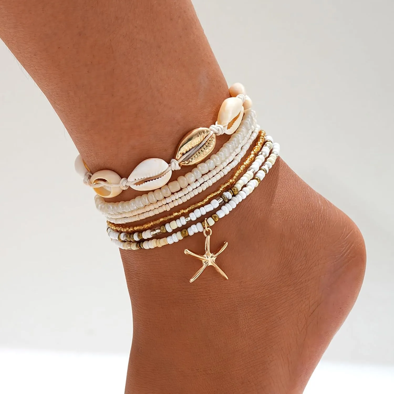 Shell Ankle Bracelet Set for Women, Gold Boho Bead Adjustable Anklet, Hawaiian Beach Seashell Pearl Heart Starfish Conch Foot Jewelry Gifts