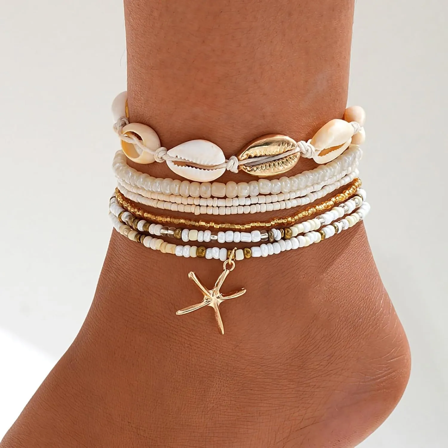 Shell Ankle Bracelet Set for Women, Gold Boho Bead Adjustable Anklet, Hawaiian Beach Seashell Pearl Heart Starfish Conch Foot Jewelry Gifts