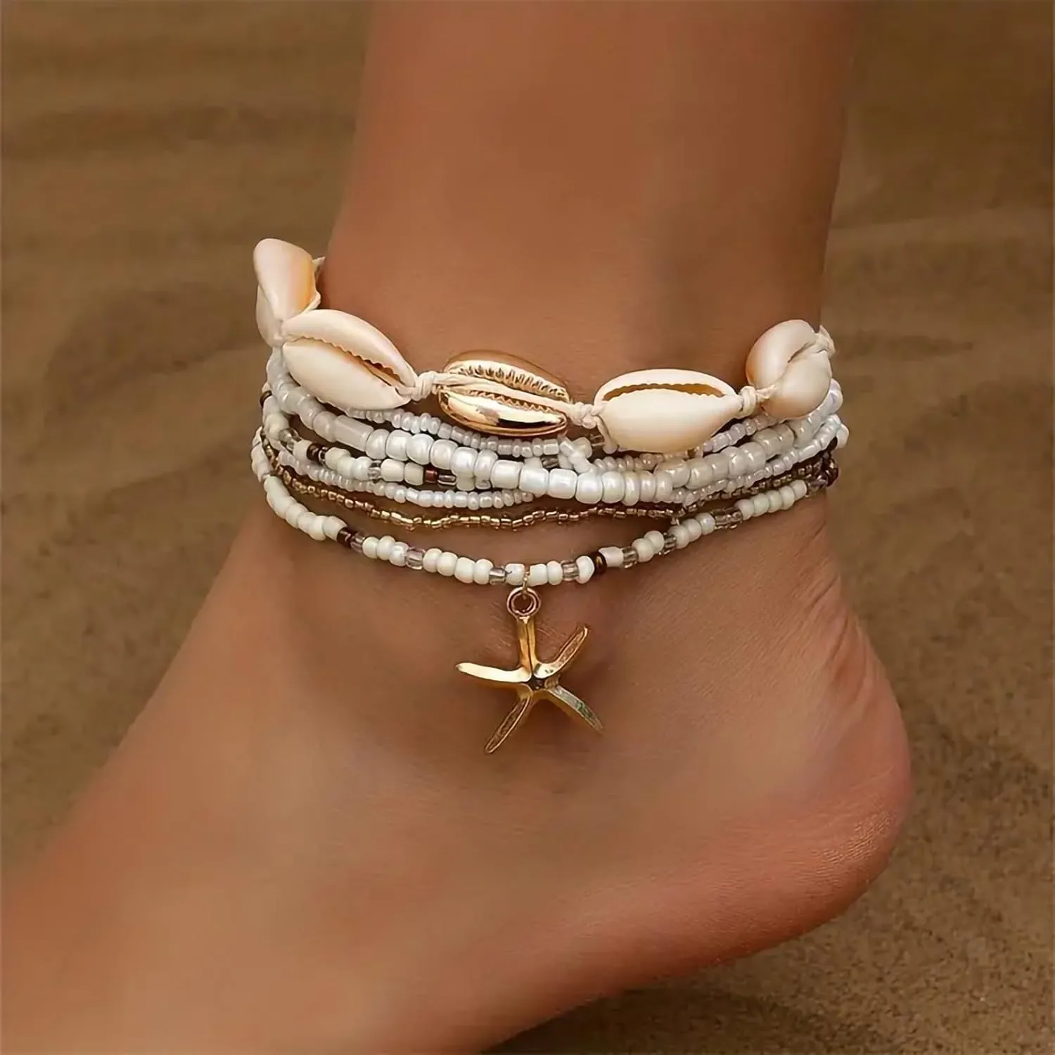 Shell Ankle Bracelet Set for Women, Gold Boho Bead Adjustable Anklet, Hawaiian Beach Seashell Pearl Heart Starfish Conch Foot Jewelry Gifts
