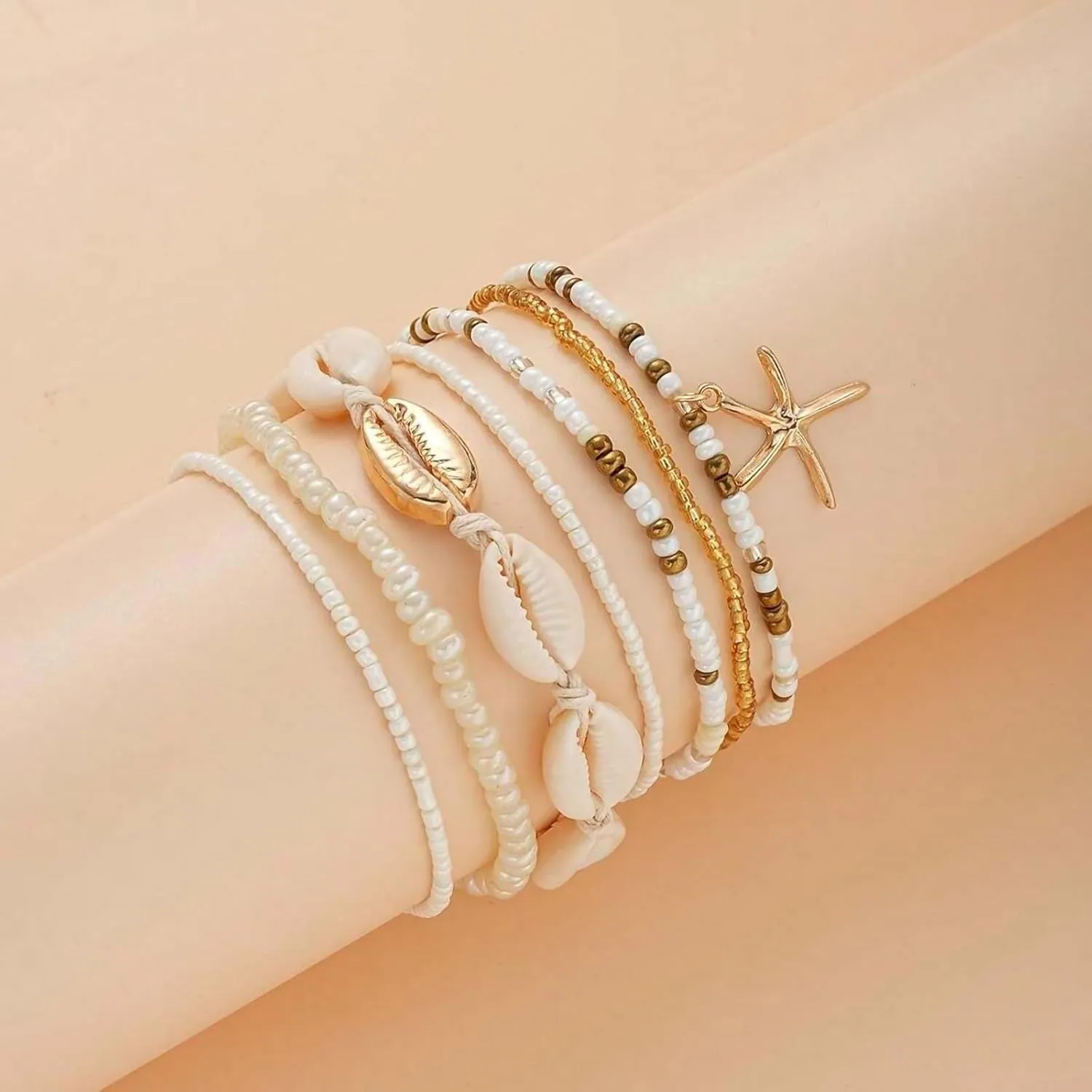 Shell Ankle Bracelet Set for Women, Gold Boho Bead Adjustable Anklet, Hawaiian Beach Seashell Pearl Heart Starfish Conch Foot Jewelry Gifts