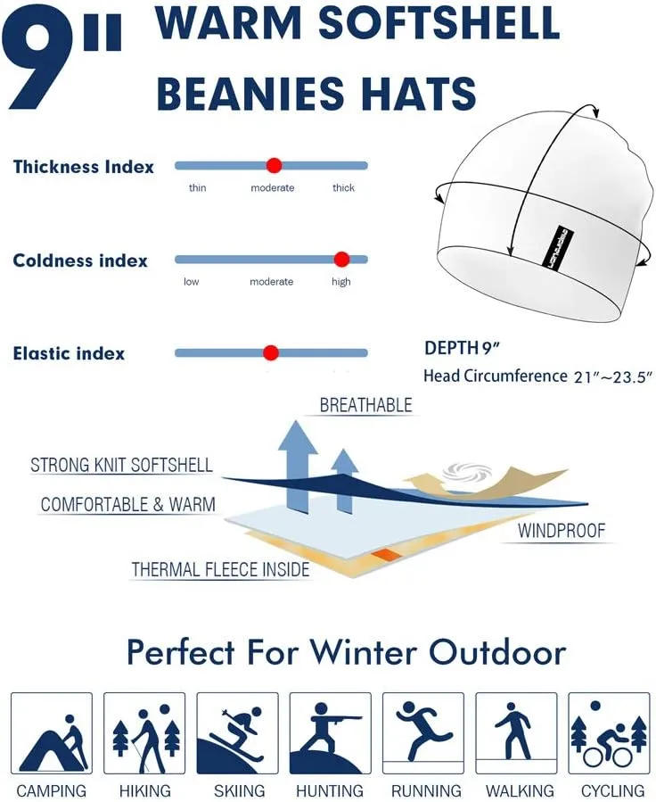 Softshell Winter Fleece Lined Beanie Hats, 9" Running Skull Cap Thermal Tactical Watch Cap Men Women