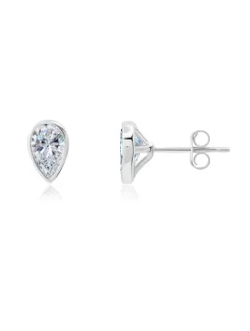 Solitaire Bezel Set Pear Stud Earrings Finished In Pure Platinum