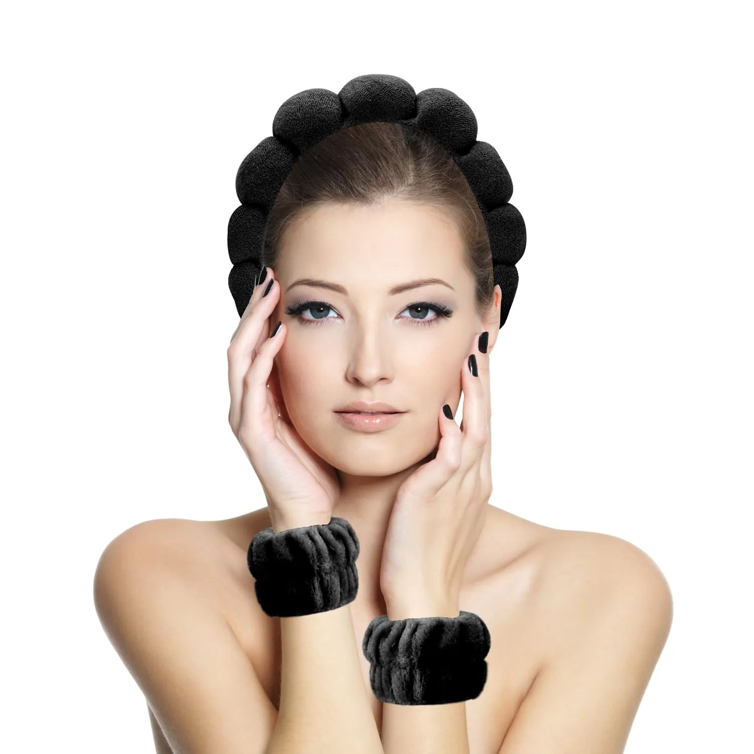 Spa Headbands for Washing Face, Makeup and Skincare. 3 Pc Set of Skin Care Head band with Wristbands. Puffy Terry Cloth, Non Slip Get Ready Hairband for Women, Teens, Girls. Cute Hair Accessories.