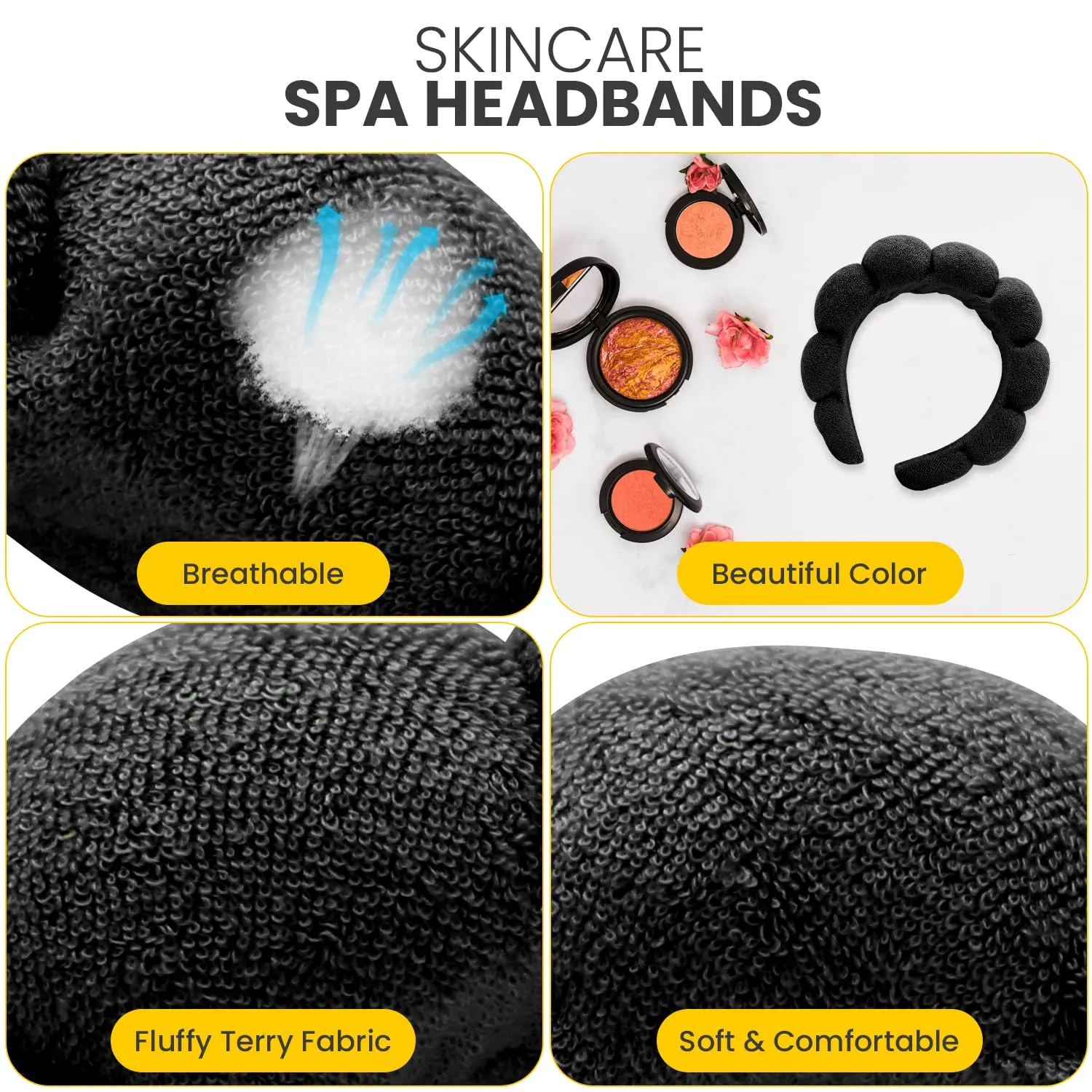 Spa Headbands for Washing Face, Makeup and Skincare. 3 Pc Set of Skin Care Head band with Wristbands. Puffy Terry Cloth, Non Slip Get Ready Hairband for Women, Teens, Girls. Cute Hair Accessories.
