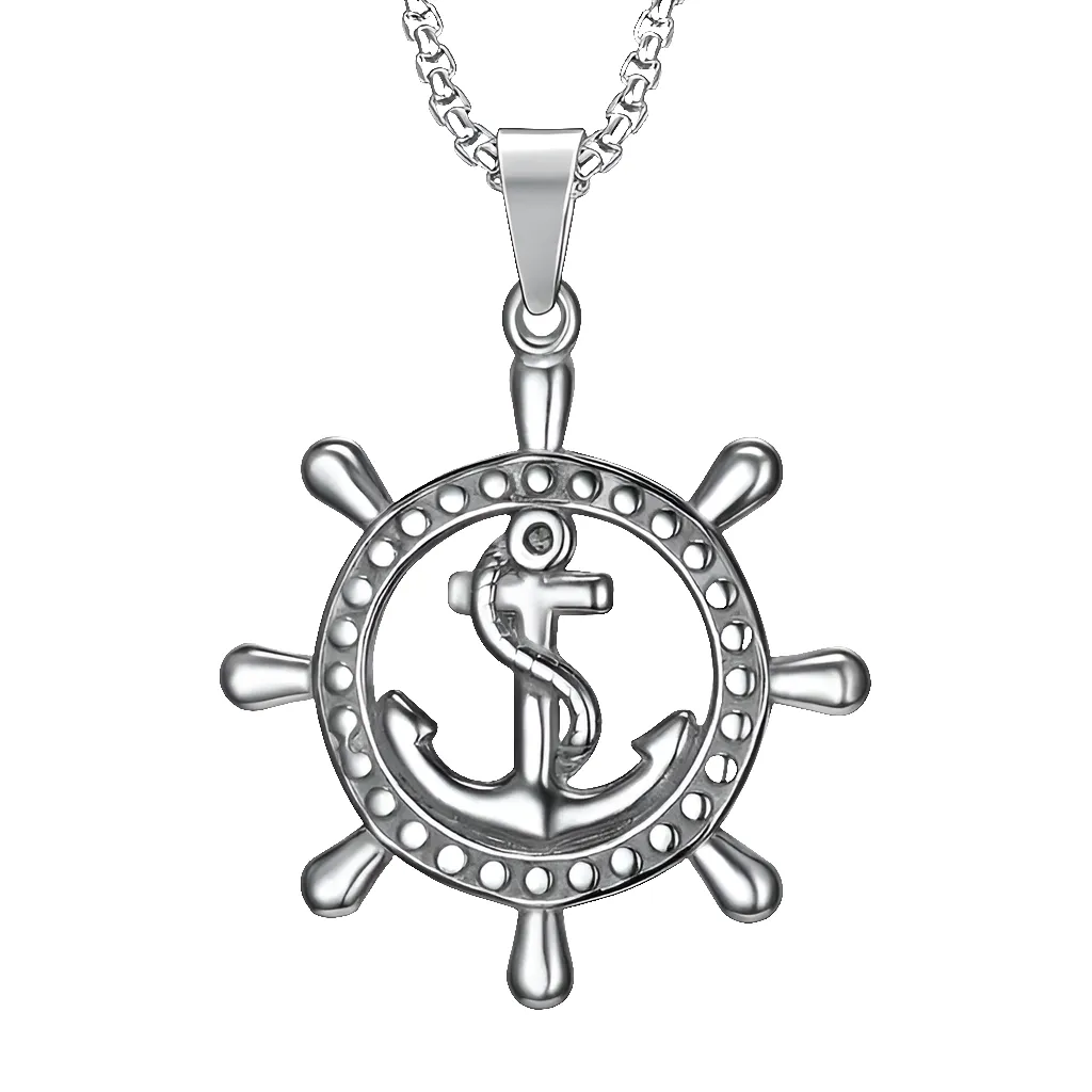 Stainless Steel Ships Wheel Anchor Pendant Necklace