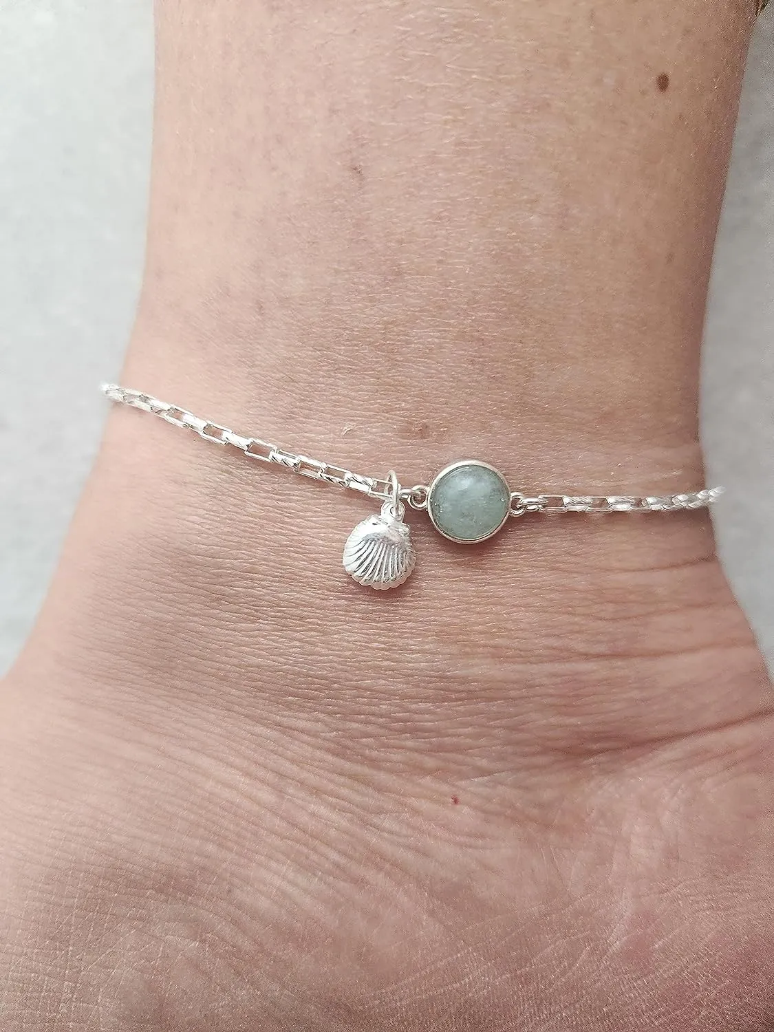 Sterling Silver Aquamarine Gemstone and Shell Pendant Anklet - Handmade Stone Summer Anklet Bracelet for Women (Aquamarine)