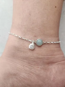 Sterling Silver Aquamarine Gemstone and Shell Pendant Anklet - Handmade Stone Summer Anklet Bracelet for Women (Aquamarine)
