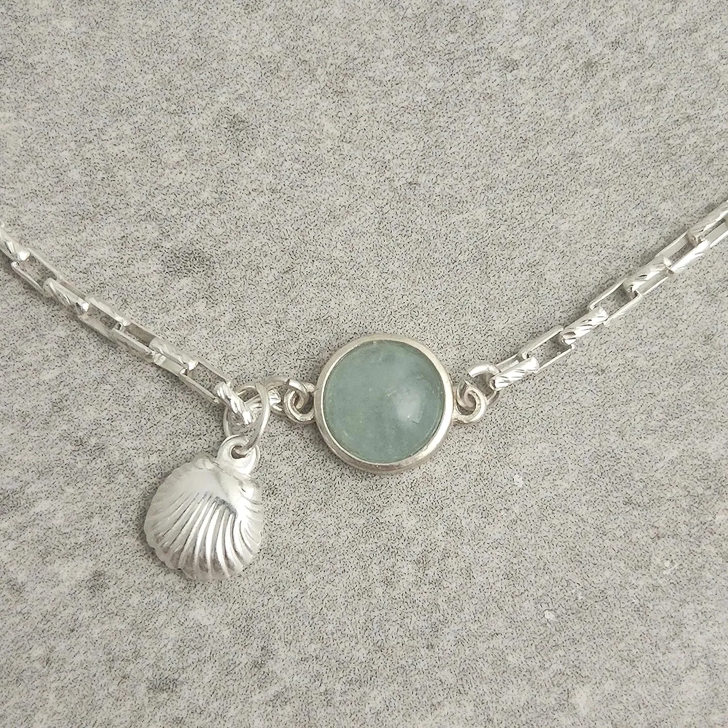 Sterling Silver Aquamarine Gemstone and Shell Pendant Anklet - Handmade Stone Summer Anklet Bracelet for Women (Aquamarine)