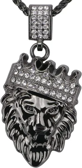 Suweibuke Crown Lion Head Pendant Necklace Iced Out Clear Rhinestones Curb Cuban Chain Stainless Steel Necklace Jewelry Gift