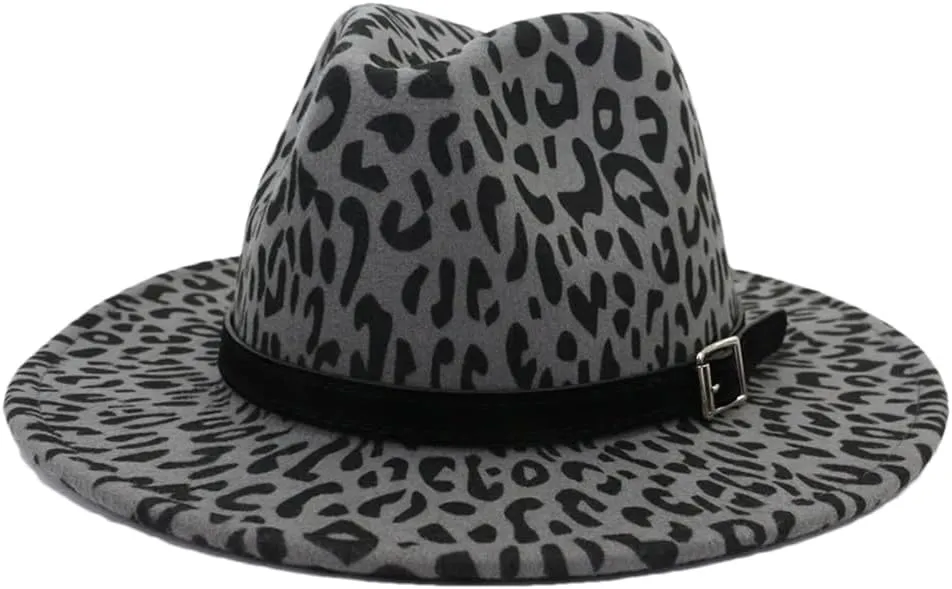 Unisex Fall Winter Wide Brim Printed Hats Panama Vintage Fedora Hat Jazz Cap with Belt Buckle