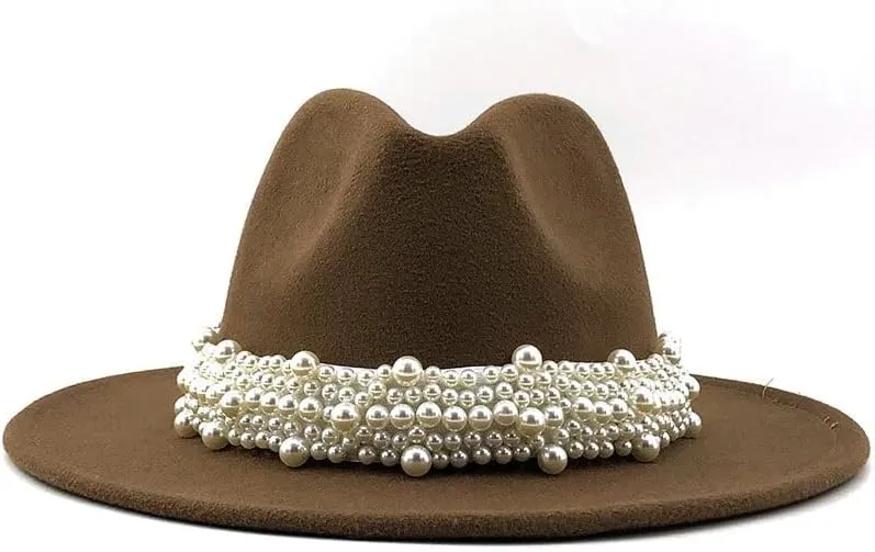 Women Vintage Wide Fedora Hat with Pearls Belt Buckle Adjustable Hats Fedora Hat Wide Brim Hats