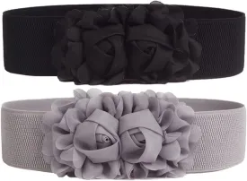 Women's 2 Packs Elastic Corset Waist Belts Stretch Wide Double Rose-Flower for Wedding Dresses