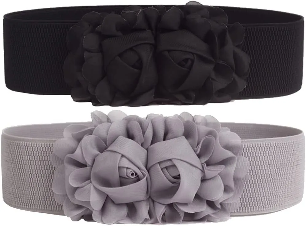 Women's 2 Packs Elastic Corset Waist Belts Stretch Wide Double Rose-Flower for Wedding Dresses