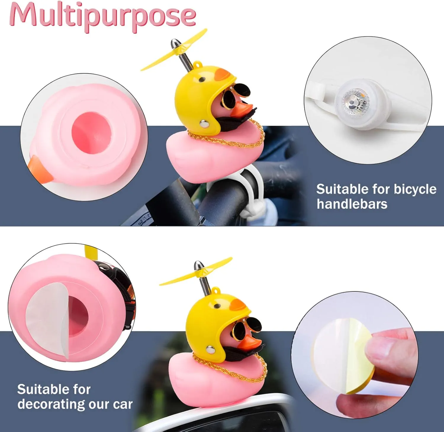 Wonuu Rubber Duck Car Ornaments - Pink Duck Bike Bell & Dashboard Decorations with Propeller Helmet, Bandage and Gold Chain