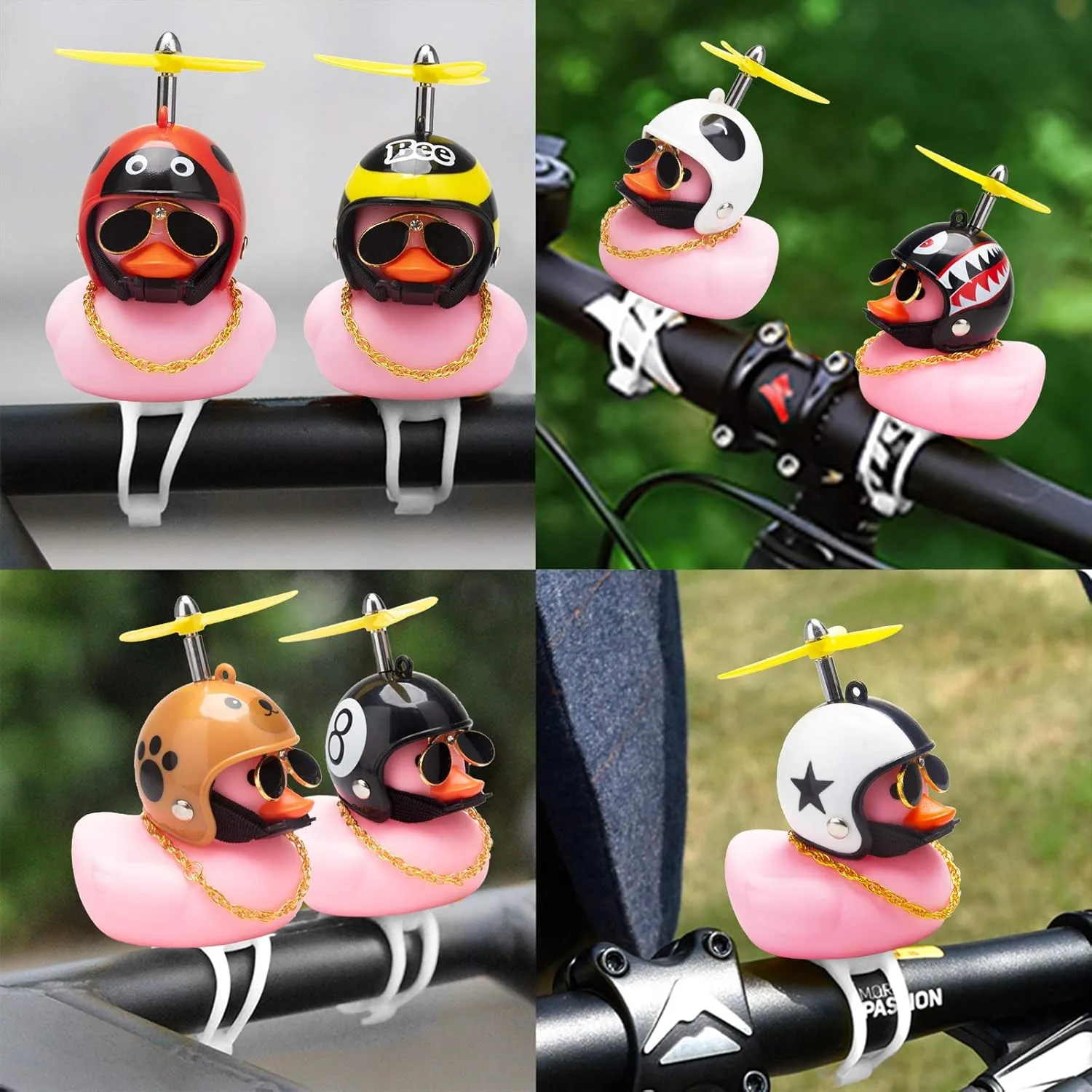 Wonuu Rubber Duck Car Ornaments - Pink Duck Bike Bell & Dashboard Decorations with Propeller Helmet, Bandage and Gold Chain