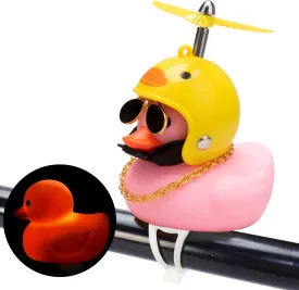 Wonuu Rubber Duck Car Ornaments - Pink Duck Bike Bell & Dashboard Decorations with Propeller Helmet, Bandage and Gold Chain