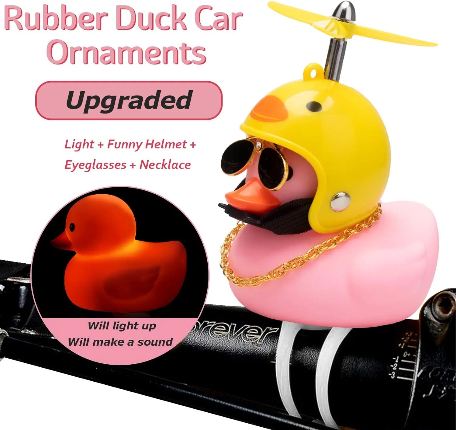 Wonuu Rubber Duck Car Ornaments - Pink Duck Bike Bell & Dashboard Decorations with Propeller Helmet, Bandage and Gold Chain