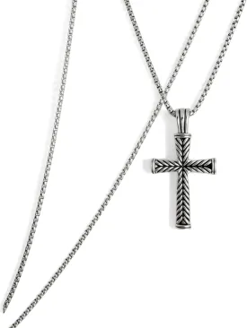 Zoe's Jewelry Cross Pendant Necklace, Chevron Pattern, Stainless Steel, Silver